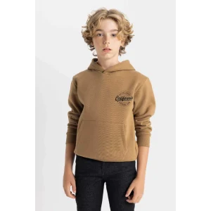 C7567 Kahverengi Cepli Yazı Baskılı Kapüşonlu Kalın Okul Sweatshirt