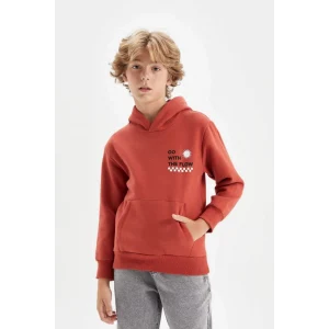 C7567 Turuncu Cepli Yazı Baskılı Kapüşonlu Kalın Okul Sweatshirt