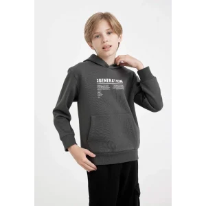 C7567 Antrasit Cepli Yazı Baskılı Kapüşonlu Kalın Okul Sweatshirt