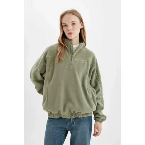 C7828 Regular Fit Fermuarlı Dik Yaka Baskılı Polar Sweatshirt