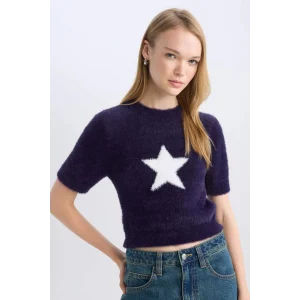 C9158 Coool Fitted Bisiklet Yaka Yıldız Baskılı Kısa Kollu Pelüş Triko Kazak