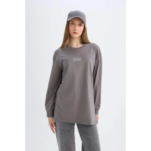 D0391 Regular Fit Baskılı Uzun Kollu Tişört Tunik