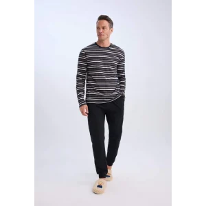 D0942 Regular Fit Bisiklet Yaka Çizgili Uzun Kollu Üst Uzun Alt Pijama Takımı