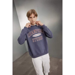 D0983 Oversize Geniş Kalıp Bisiklet Yaka Yazı Baskılı Okul Sweatshirt