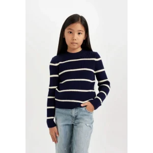 D1392 Lacivert Çizgili Fitted Bisiklet Yaka Triko Kazak