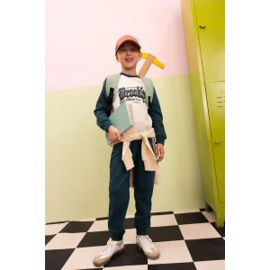 D2033 Baskılı Bisiklet Yaka Sweatshirt Üst Beli Lastikli Jogger Eşofman Altı 2li Takım