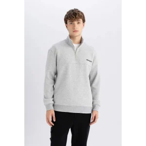 D2165 Dik Yaka Baskılı Fermuarlı Sweatshirt