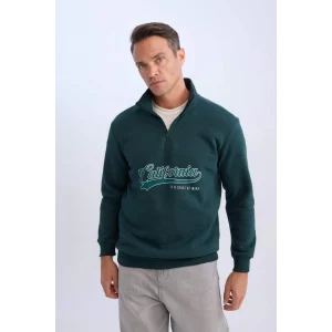 D2167 Relax Fit Dik Yaka Fermuarlı Baskılı Kalın Sweatshirt