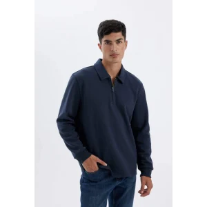 D2279 Regular Fit Polo Yaka Yarım Fermuarlı Basic Düz Sweatshirt