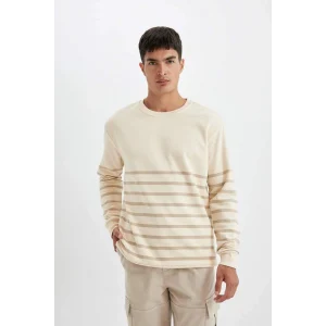 D2397 Comfort Regular Fit Rahat Kalıp Bisiklet Yaka Çizgili Kalın Kumaş Sweatshirt