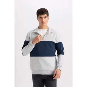 D2401 Comfort Regular Fit Rahat Kalıp Dik Yaka Fermuarlı Çizgili Kalın Sweatshirt