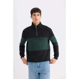 D2401 Comfort Regular Fit Rahat Kalıp Dik Yaka Fermuarlı Çizgili Kalın Sweatshirt