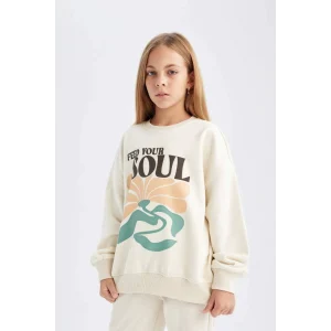 D2880 Oversize Geniş Kalıp Bisiklet Yaka Baskılı Sweatshirt