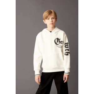 D3097 Kapüşonlu Slogan Baskılı Kalın Sweatshirt