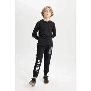 D3141 Erkek Çocuk NBA Chicago Bulls Siyah Beli Paçası Lastikli Cepli Kalın Jogger Eşofman Altı