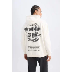 D3223 DeFactoFit NBA Brooklyn Nets Comfort Fit Rahat Kalıp Kapüşonlu Kalın Sırt Baskılı Sweatshirt