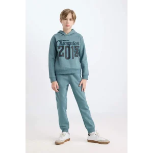 D3561 Erkek Çocuk Kapüşonlu Baskılı Sweatshirt Beli Lastikli Eşofman Altı 2li Takım