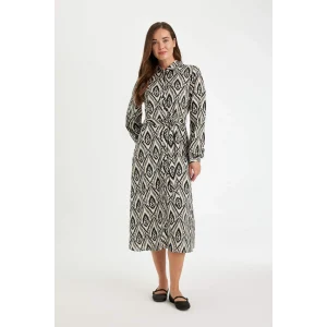 D3701 Gömlek Yaka Desenli Uzun Kollu Maxi Elbise