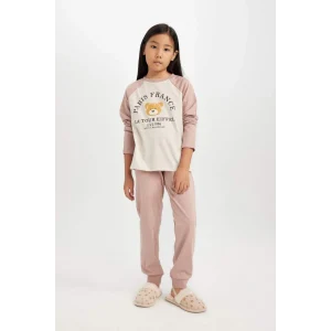 D3726 Baskılı Uzun Kollu Üst Beli Lastikli Uzun Alt Pijama Takım