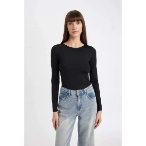 D3756 Siyah Slim Fit Dar Kesim Bisiklet Yaka Basic Düz Uzun Kollu Tişört