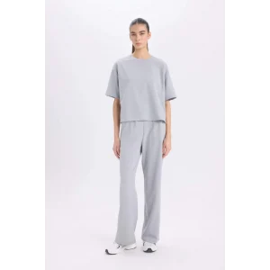 D3759 Wide Leg Cepli Basic Düz Geniş Bol Paça Gri Eşofman Altı