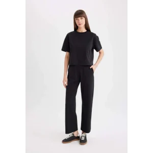 D3759 Wide Leg Cepli Basic Düz Geniş Bol Paça Siyah Eşofman Altı