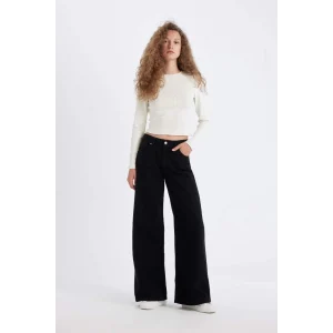 D3766 Gabardin Siyah Wide Leg Geniş Bol Paça Normal Bel Basic Düz Pantolon