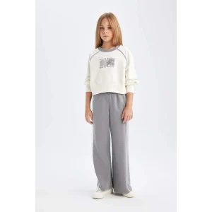 D4052 2li Takım Basic Düz Bisiklet Yaka Sweatshirt Üst Beli Lastikli Geniş Paça Eşofman Altı