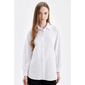 D4159 Beyaz Relax Fit Gömlek Yaka Poplin Basic Düz Uzun Kollu Gömlek Tunik