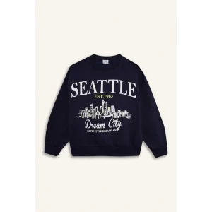 D4384 Relax Fit Bisiklet Yaka Baskılı Sweatshirt