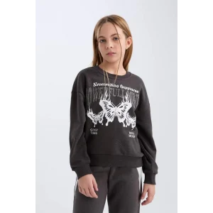 D4386 Oversize Fit Geniş Kalıp Bisiklet Yaka Baskılı Sweatshirt
