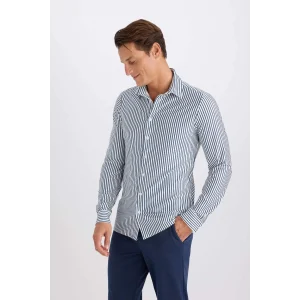 D4563 Slim Fit Dar Kesim Polo Yaka Çizgili Uzun Kollu Gömlek