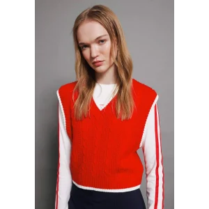 D4680 Coool Slim Fit Dar Kesim Basic Düz V Yaka Kırmızı Triko Süveter