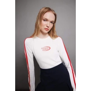 D4752 Beyaz Coool Fitted Vücuda Oturan Bisiklet Yaka Baskılı Ribana Uzun Kollu Tişört