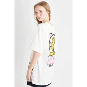 D4827 Coool Garfield Oversize Geniş Kalıp Bisiklet Yaka Sırt Baskılı Kısa Kollu Tişört