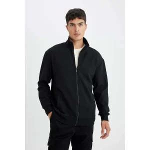 D4971 Comfort Regular Fit Rahat Kesim Dik Yaka Cepli Basic Düz Fermuarlı Sweatshirt Hırka