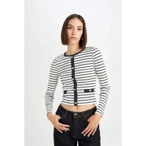 D5115 Slim Fit Dar Kesim Bisiklet Yaka Çizgili Düğmeli Smart Fitilli Kaşkorse Uzun Kollu Tişört