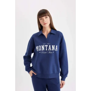 D5296 Relax Fit Polo Yaka Baskılı Kalın Sweatshirt
