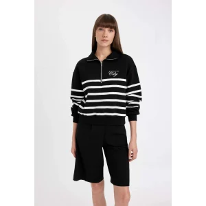 D5297 Yarım Fermuarlı Çizgili Kalın Casual Sweatshirt