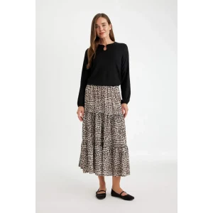 D5328 Kloş Esnek Belli Leopar Desenli Kiloş Maxi Etek