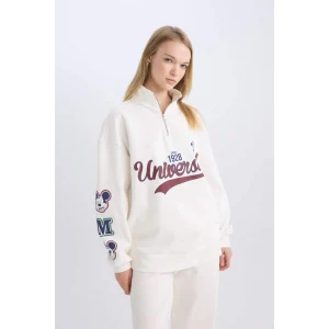 D5958 Coool Disney Mickey & Minnie Oversize Geniş Kalıp Fermuarlı Dik Yaka Baskılı Kalın Beyaz Sweatshirt
