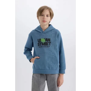 D6211 Kapüşonlu Baskılı Cepli İçi Yumuşak Tüylü Sweatshirt