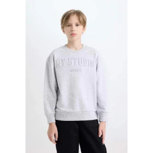 D6628 Gri Bisiklet Yaka Baskılı Sweatshirt
