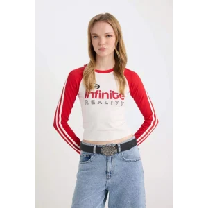 D6698 Coool Fitted Dar Kesim Bisiklet Yaka Baskılı Uzun Kollu Tişört