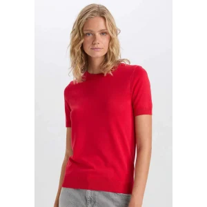 D6916 Regular Fit Bisiklet Yaka Kırmızı Kısa Kollu Triko Kazak