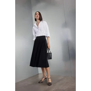 D7003 Piliseli Esnel Belli Basic Düz Siyah Midi Etek