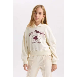 D7041 Ekru Oversize Geniş Kalıp Kapüşonlu Baskılı Sweatshirt