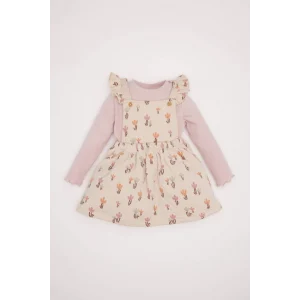 D7252 Kız Bebek 2li Takım Çiçekli Fitilli Kaşkorse Uzun Kollu Basic Tişört Elbise