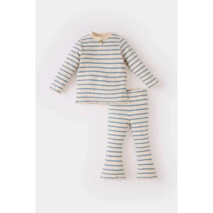 D7256 Kız Bebek 2li Takım Bisiklet Yaka Çizgili Fitilli Kaşkorse Uzun Kollu Üst İspanyol Paça Beli Lastikli Tayt