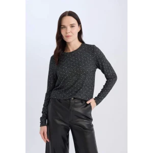 D7488 Gri Regular Fit Bisiklet Yaka Puantiyeli Uzun Kollu Tişört